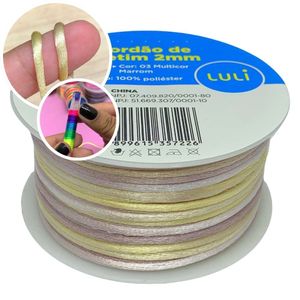 Cordao de Cetim Rabo de Rato Multicor Luli 2mm Rolo com 50 Metros